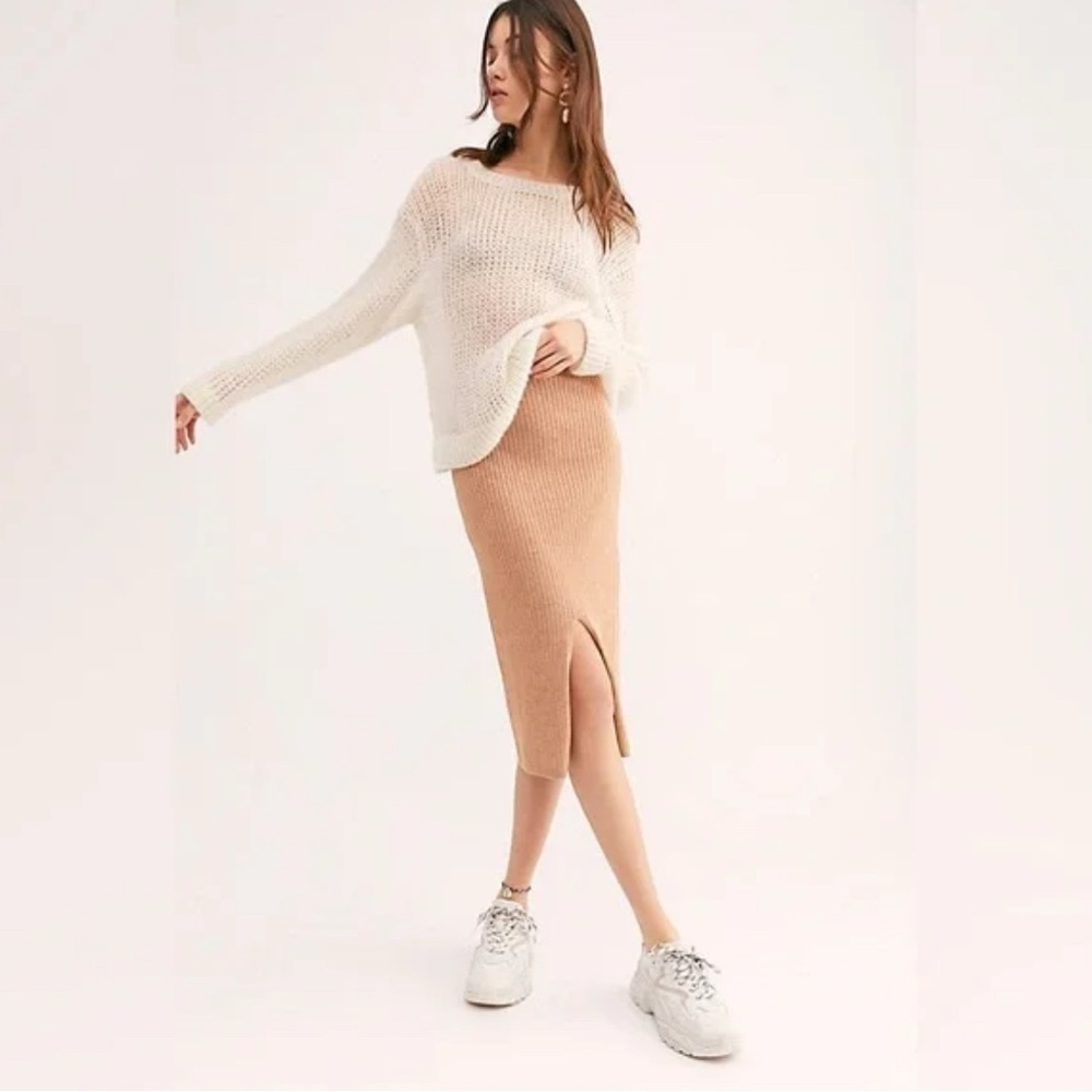 Free people large skyline academia professional midi skirt beige sand